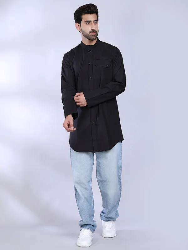 Black_Cotton_Kurta_Shirt_With_Chest_Pocket_For_Men
