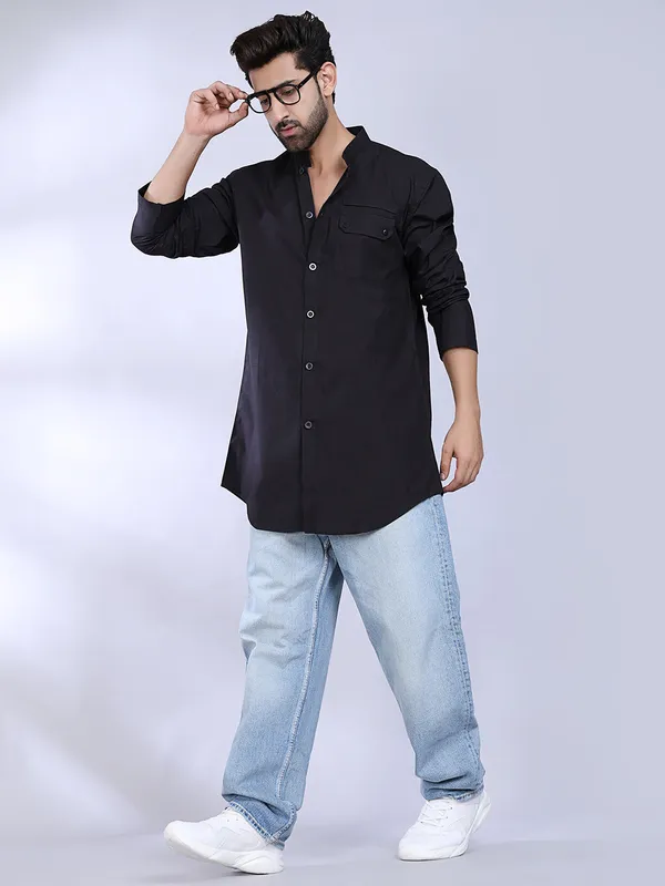 Black_Cotton_Kurta_Shirt_With_Chest_Pocket_For_Men