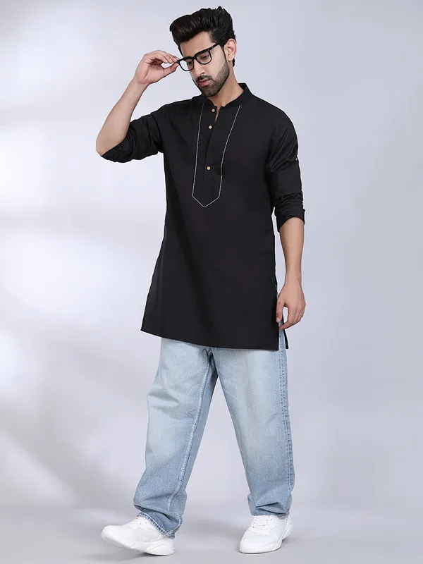 Black_Cotton_Kurta_With_White_Stitch_Detailing_For_Men