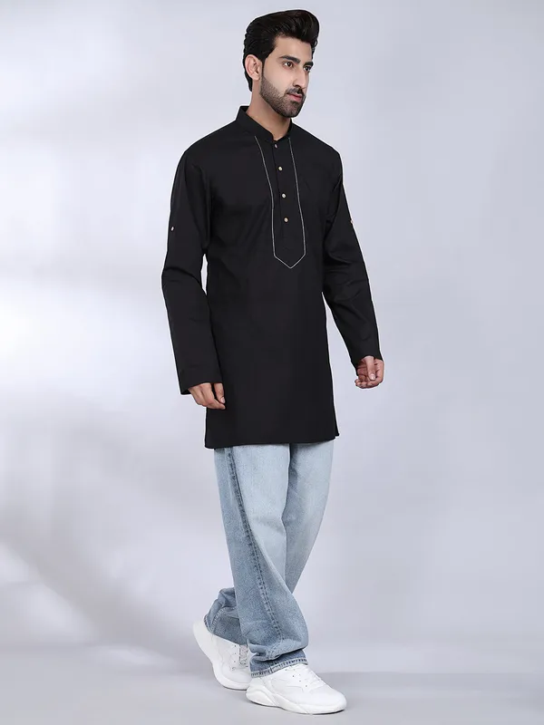 Black_Cotton_Kurta_With_White_Stitch_Detailing_For_Men