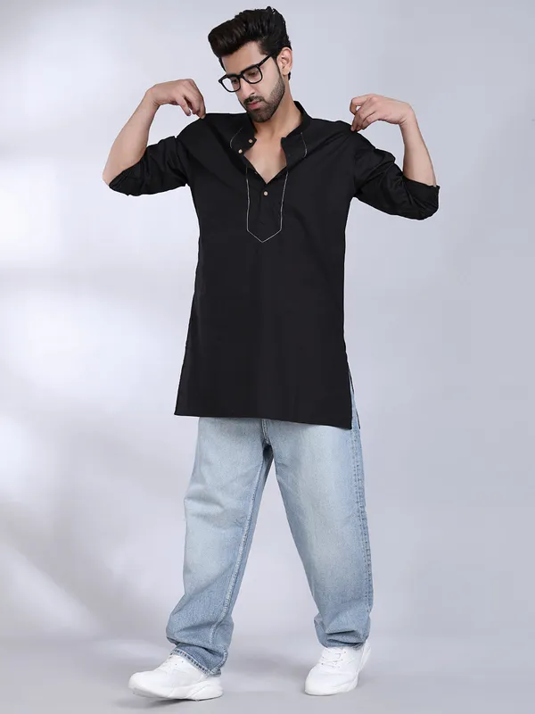 Black_Cotton_Kurta_With_White_Stitch_Detailing_For_Men