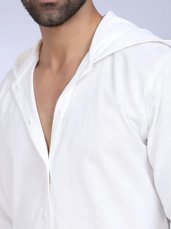 White_Cotton_Long_Hooded_Kurta_For_Men