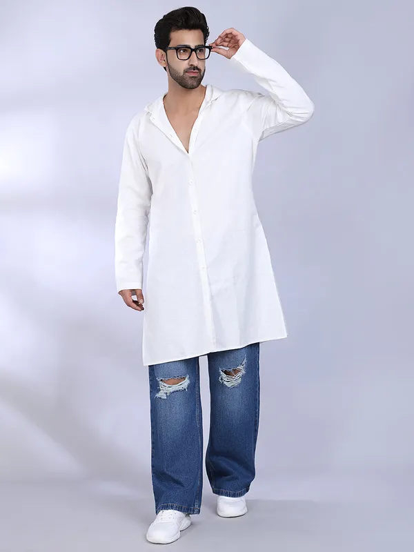 White_Cotton_Long_Hooded_Kurta_For_Men