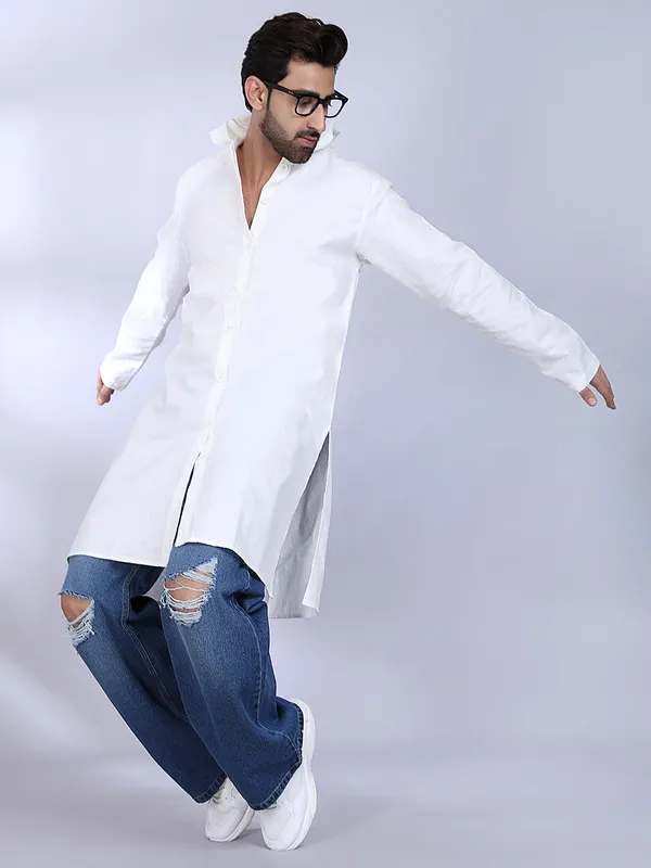 White_Cotton_Long_Hooded_Kurta_For_Men