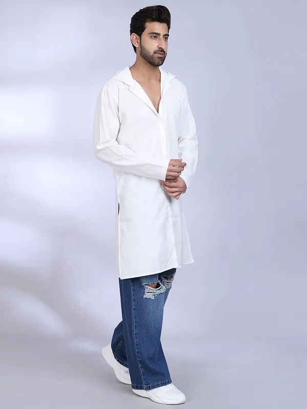 White_Cotton_Long_Hooded_Kurta_For_Men
