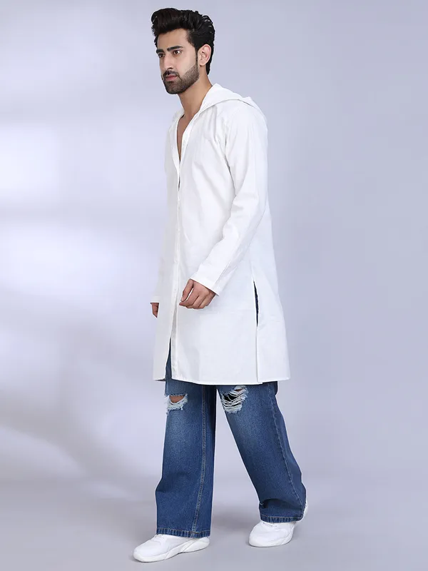 White_Cotton_Long_Hooded_Kurta_For_Men