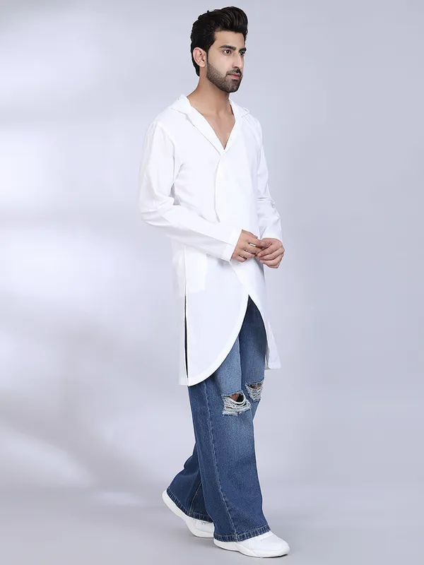 White_Cotton_Asymmetrical_Kurta_With_Curved_Hem_For_Men
