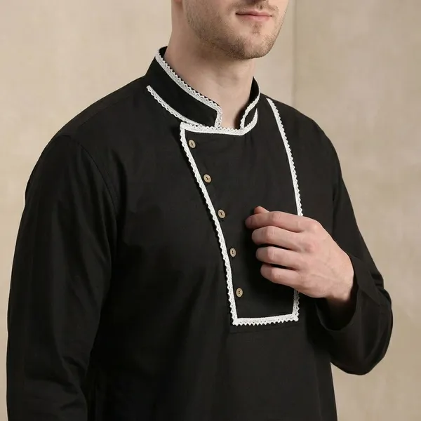Black_Cotton_Kurta_With_Asymmetric_Detailing_For_Men