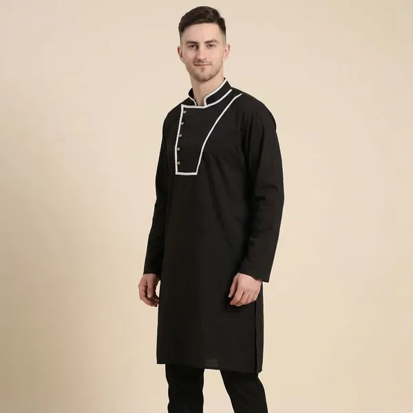 Black_Cotton_Kurta_With_Asymmetric_Detailing_For_Men