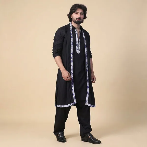 Black_Cotton_Kurta_With_Zipper_Closure_For_Men