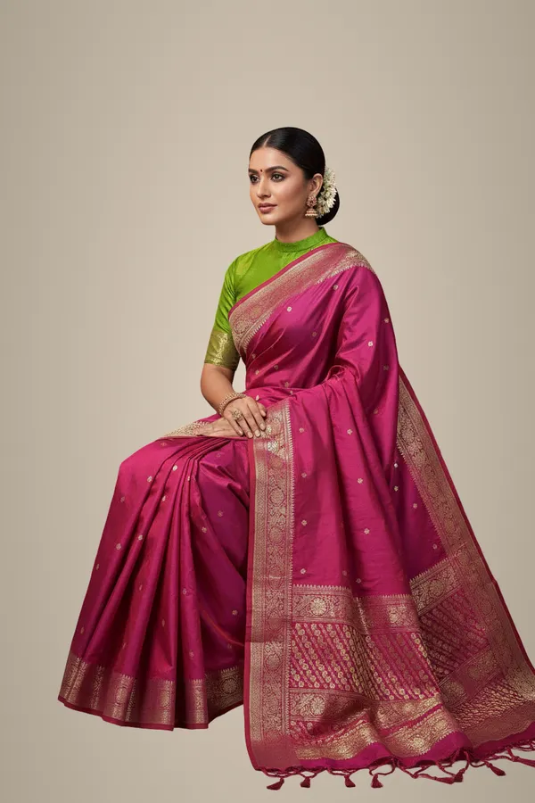 Dark_Pink_Pure_Katan_Kanjivaram_Silk_Saree_Handloom_Luxury_With_Antique_Zari