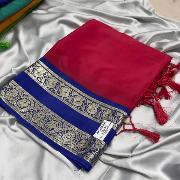 Contrast_Semi_Crepe_Silk_Saree_With_Peacock_Bentex_Border