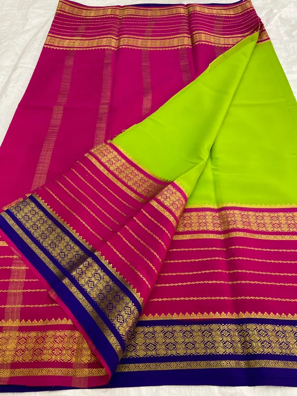 New_Collection_Ksic_Thickness_130_Counts_Contrast_Pallu_And_Contrast_Blouse_Pure_Mysore_Crepe_Silk_Sarees