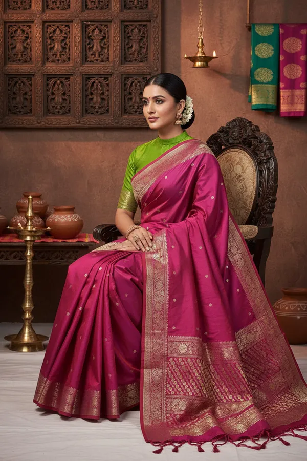 Dark_Pink_Pure_Katan_Kanjivaram_Silk_Saree_Handloom_Luxury_With_Antique_Zari