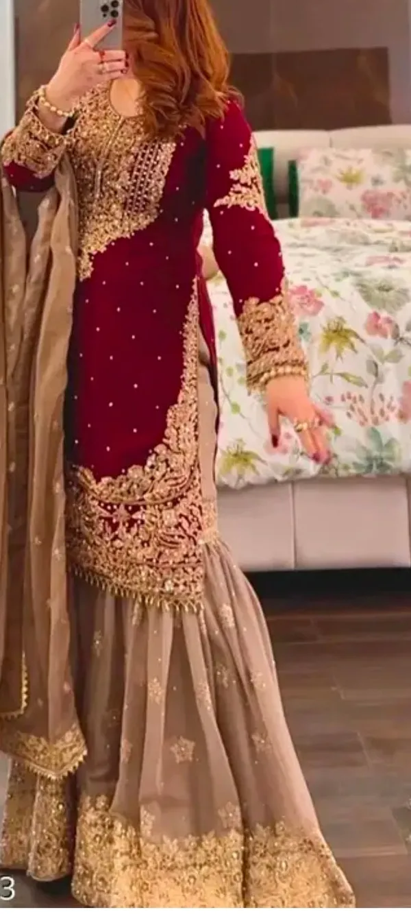 Indo_Arabic_3_Piece_Suit_Red_And_Creamy_Lilac
