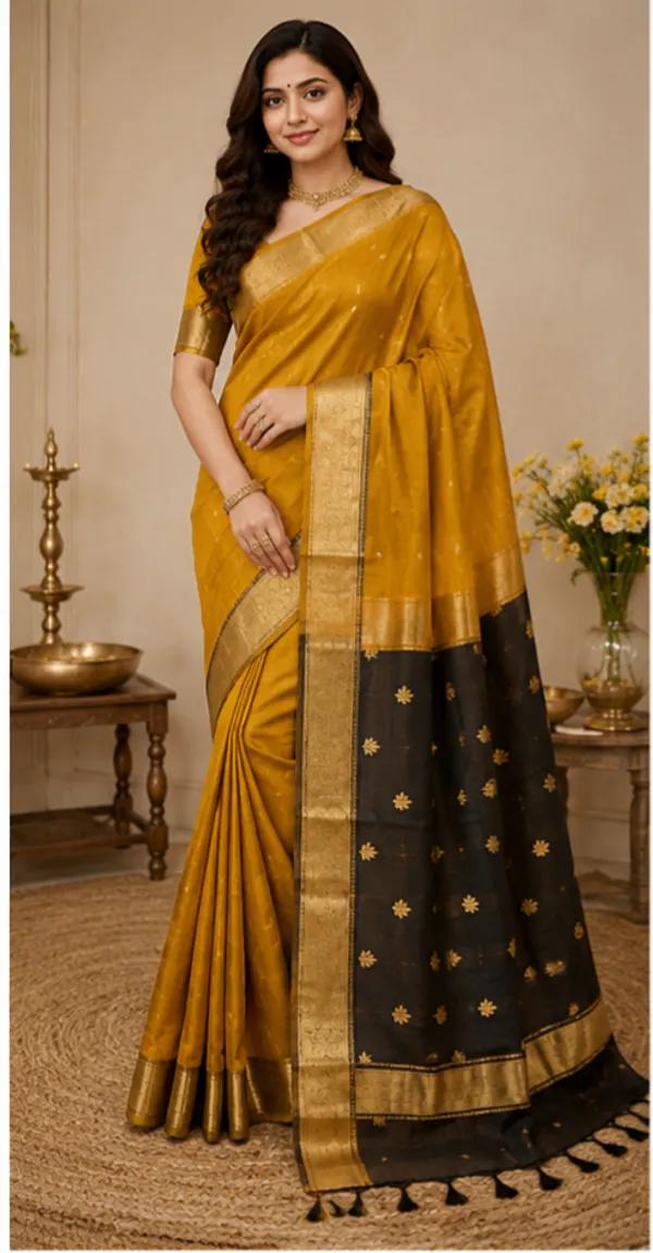 Mustard_Yellow_And_Black_Cotton_Premium_Saree_For_Women