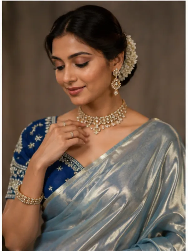 Designer_Plain_Fandy_Shimmer_Saree_With_Stitched_Blouse