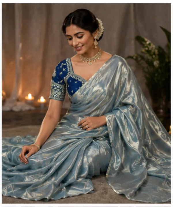 Designer_Plain_Fandy_Shimmer_Saree_With_Stitched_Blouse
