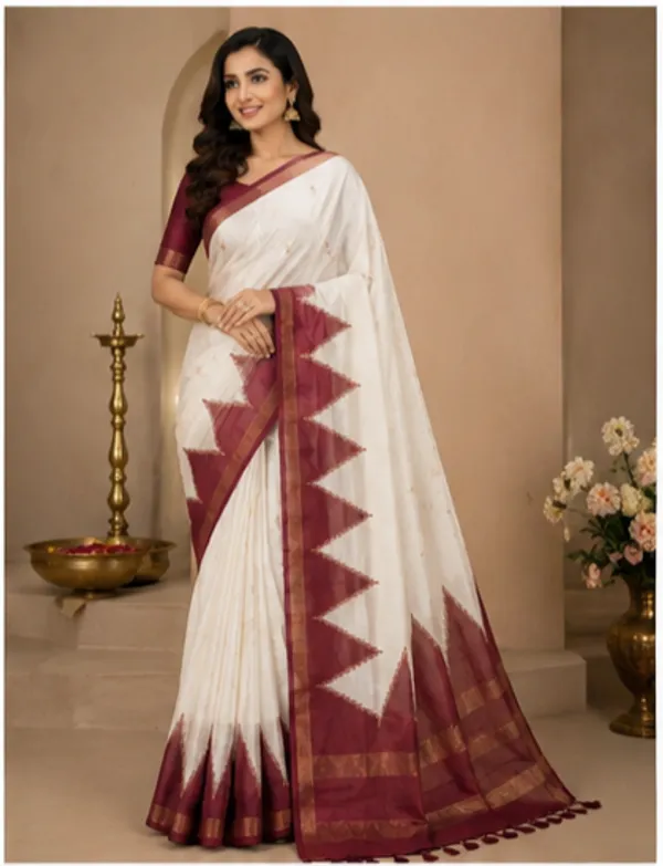 Dola_silk_saree_(Temple_border_half_white_and_maroon)