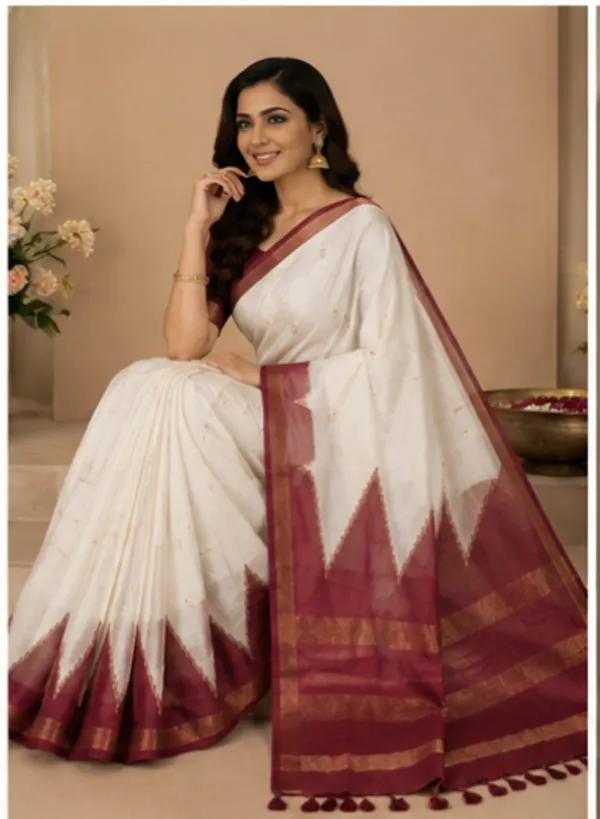 Dola_silk_saree_(Temple_border_half_white_and_maroon)