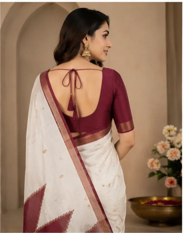 Dola_silk_saree_(Temple_border_half_white_and_maroon)