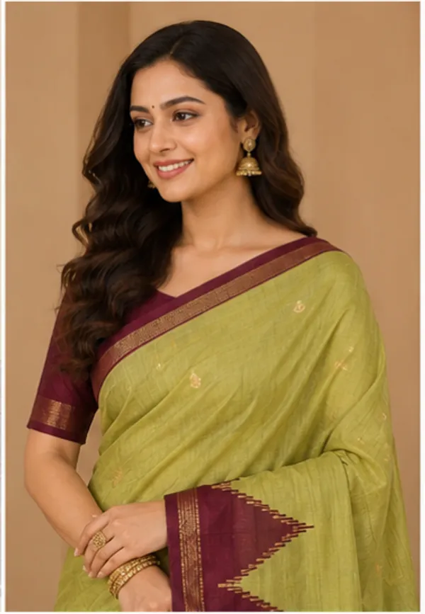 Dola_silk_saree_(Temple_border_olive_and_maroon)