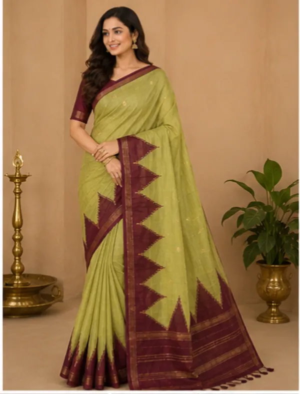 Dola_silk_saree_(Temple_border_olive_and_maroon)
