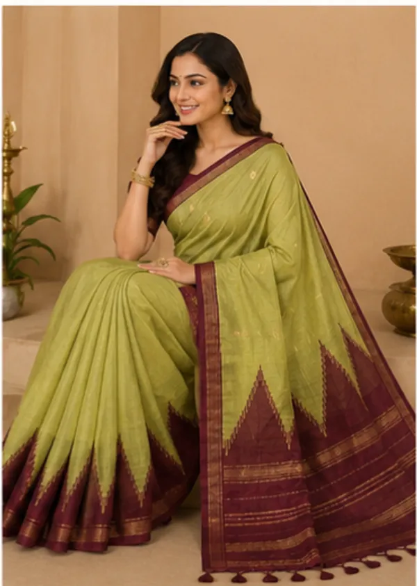 Dola_silk_saree_(Temple_border_olive_and_maroon)
