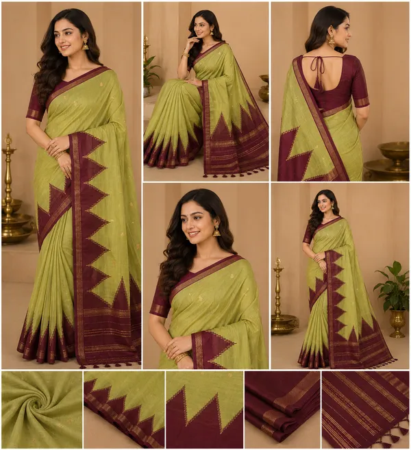 Dola_silk_saree_(Temple_border_olive_and_maroon)