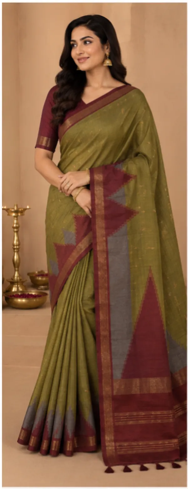Dola_silk_saree_(Temple_border_olivegreen_and_maroon)