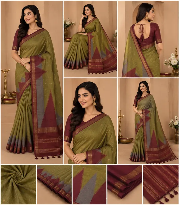 Dola_silk_saree_(Temple_border_olivegreen_and_maroon)