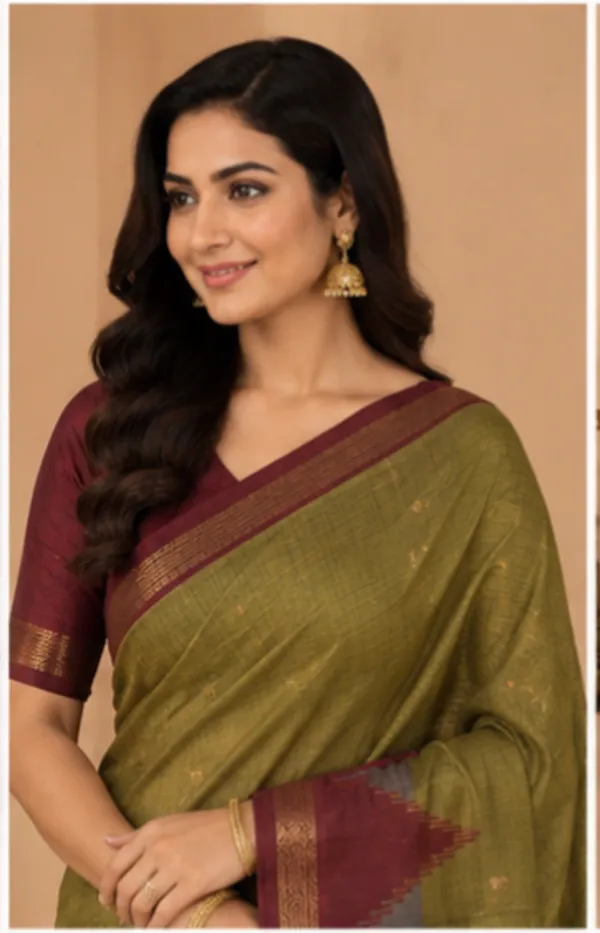 Dola_silk_saree_(Temple_border_olivegreen_and_maroon)