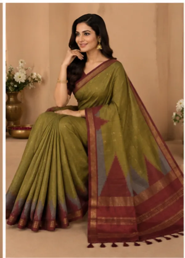 Dola_silk_saree_(Temple_border_olivegreen_and_maroon)
