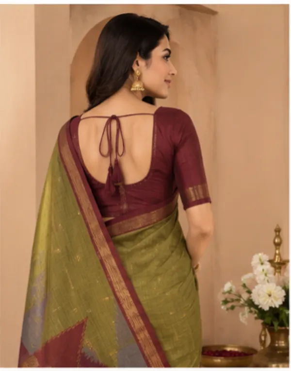 Dola_silk_saree_(Temple_border_olivegreen_and_maroon)
