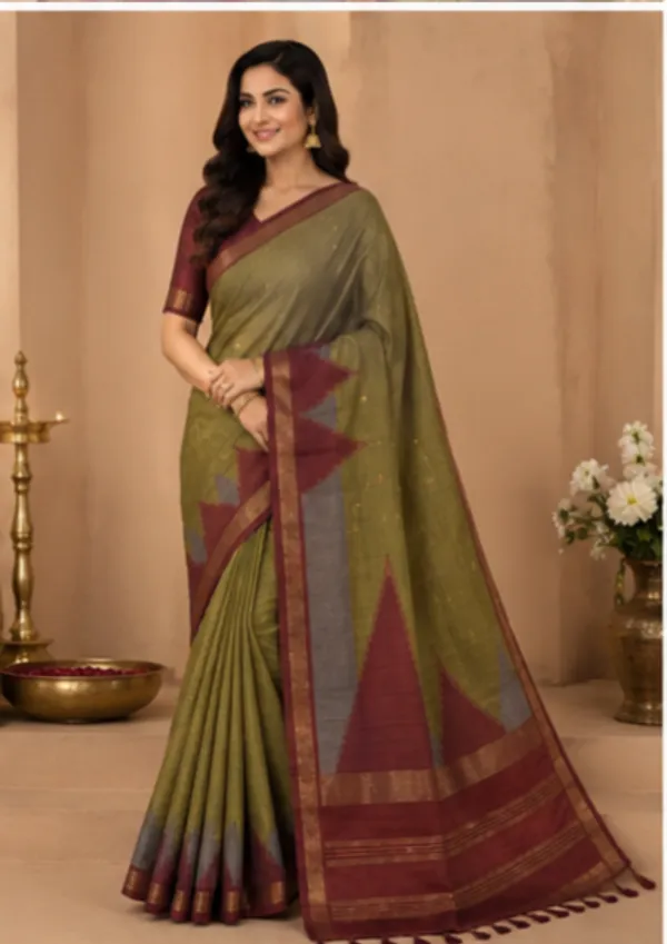 Dola_silk_saree_(Temple_border_olivegreen_and_maroon)