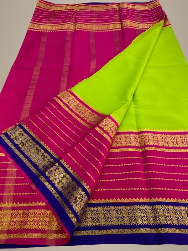 New_Collection_Ksic_Thickness_130_Counts_Contrast_Pallu_And_Contrast_Blouse_Pure_Mysore_Crepe_Silk_Sarees