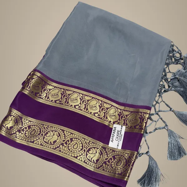 Gray_Semi_Crepe_Silk_Saree_With_Peacock_Bentex_Border