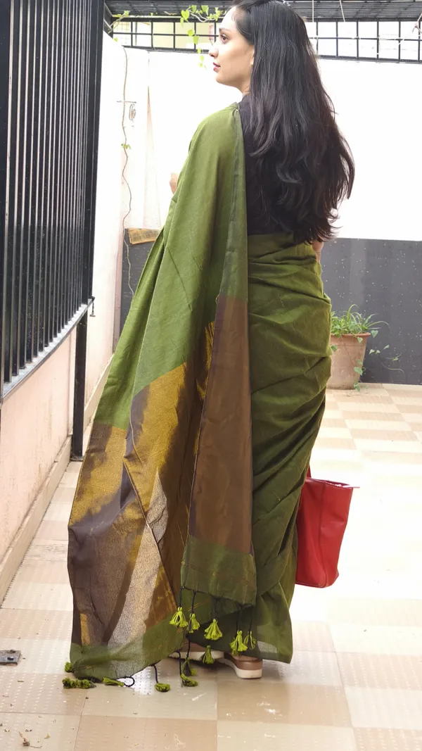 Khadi_cotton_olive_green_saree