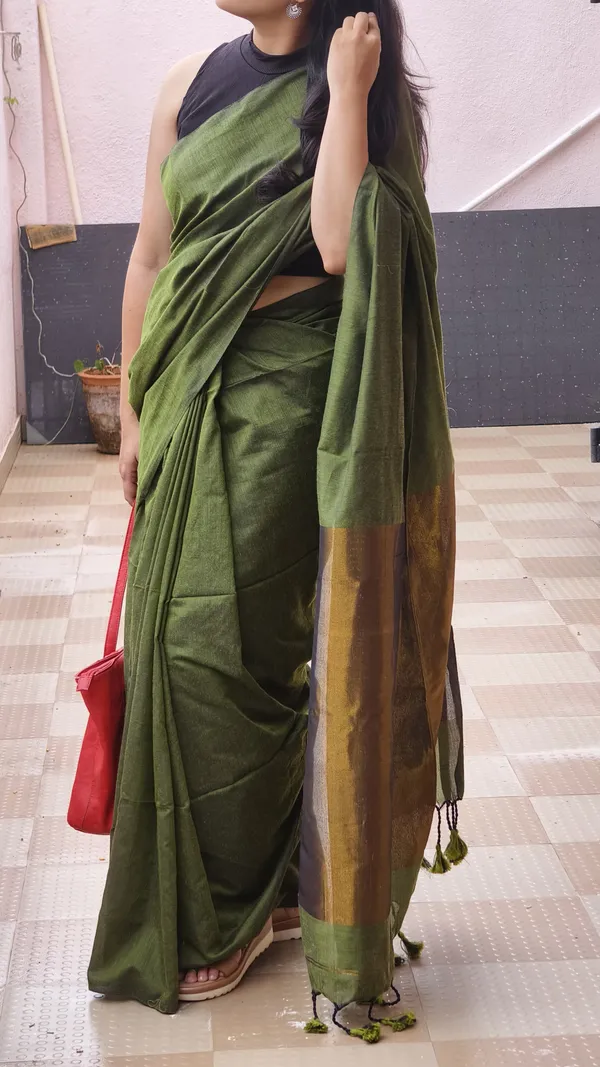 Khadi_cotton_olive_green_saree