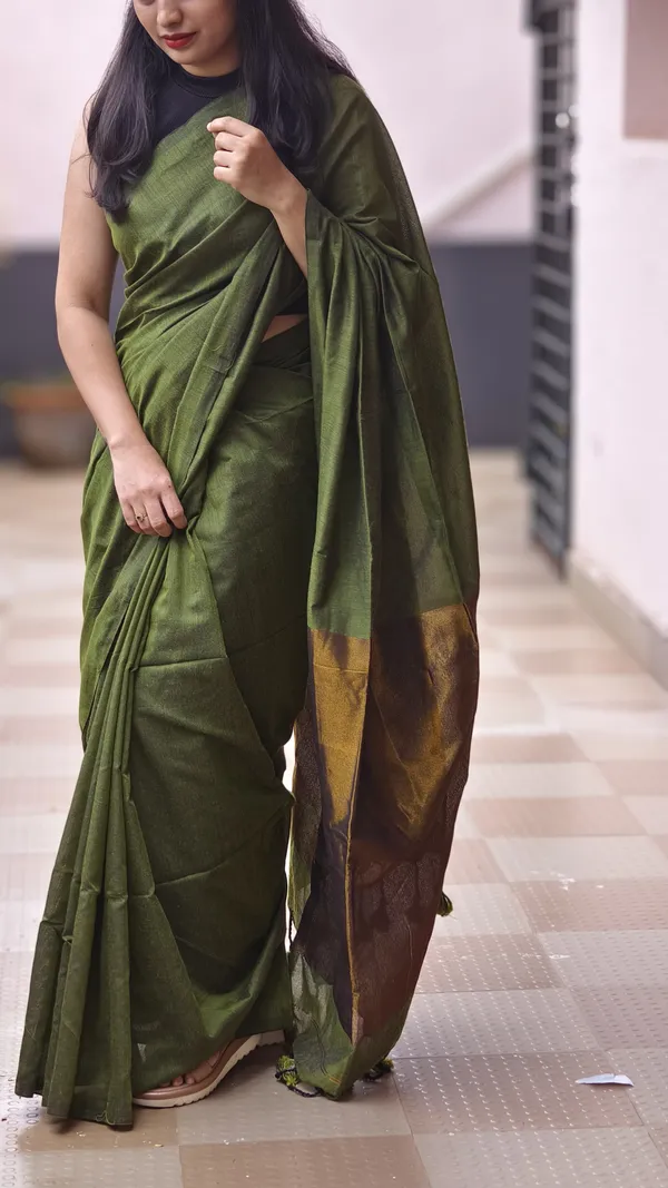 Khadi_cotton_olive_green_saree