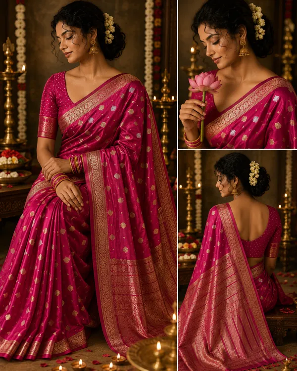 Mysore_silk_replica_chinon_saree_Rani_pink