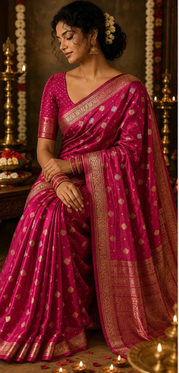 Mysore_silk_replica_chinon_saree_Rani_pink