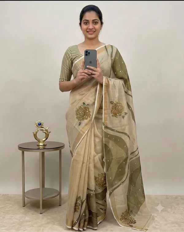 New_trading_cotton_linen_saree_with_tussles