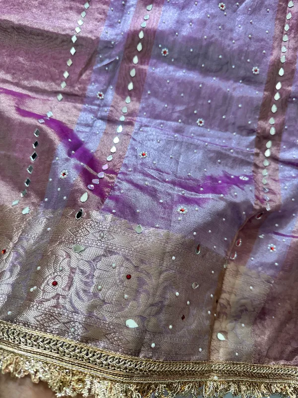 Onion_pink_mirror,_handwork_tissue_saree_with_Sabyasachi_lace