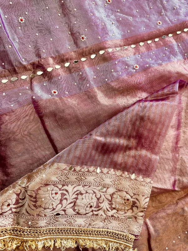 Onion_pink_mirror,_handwork_tissue_saree_with_Sabyasachi_lace