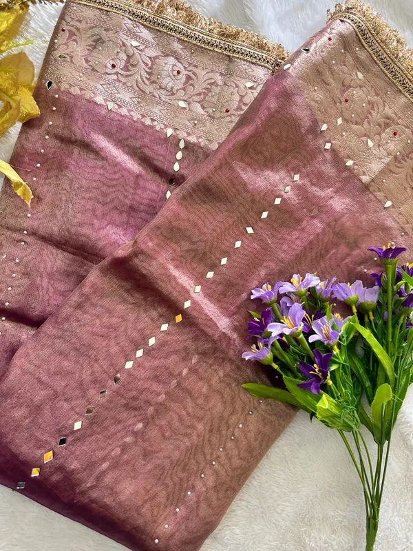 Onion_pink_mirror,_handwork_tissue_saree_with_Sabyasachi_lace