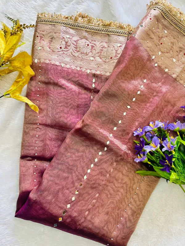 Onion_pink_mirror,_handwork_tissue_saree_with_Sabyasachi_lace