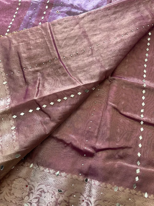 Onion_pink_mirror,_handwork_tissue_saree_with_Sabyasachi_lace