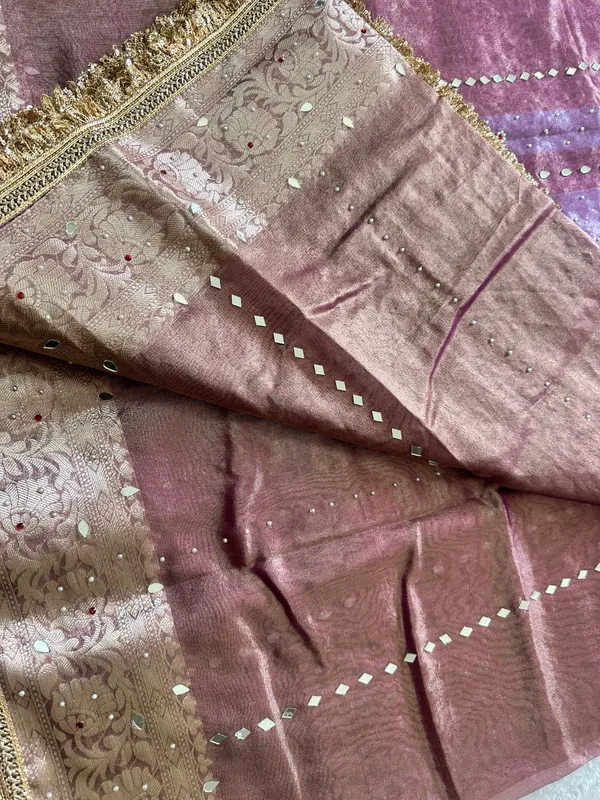 Onion_pink_mirror,_handwork_tissue_saree_with_Sabyasachi_lace