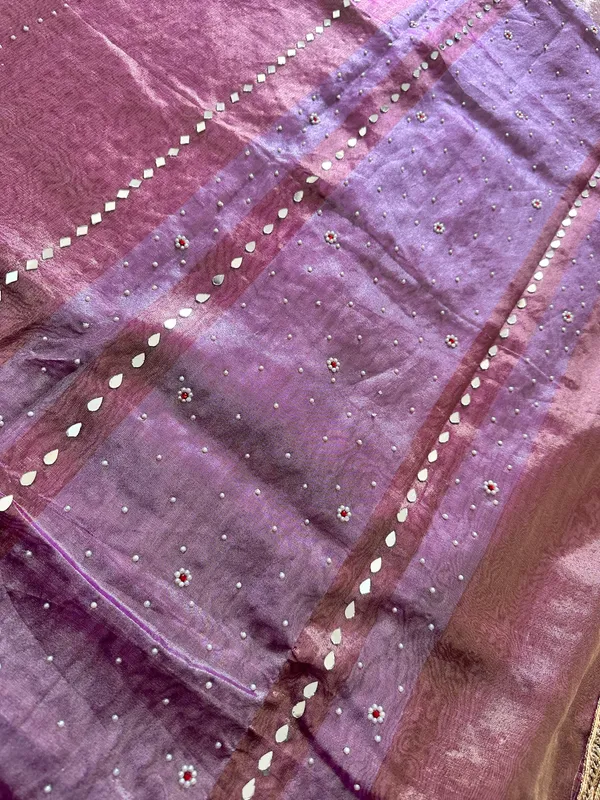 Onion_pink_mirror,_handwork_tissue_saree_with_Sabyasachi_lace